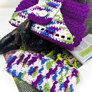 Farmhouse Style Handmade Crochet Purple/Blue/White Hanging Towel/Dishcloth Set